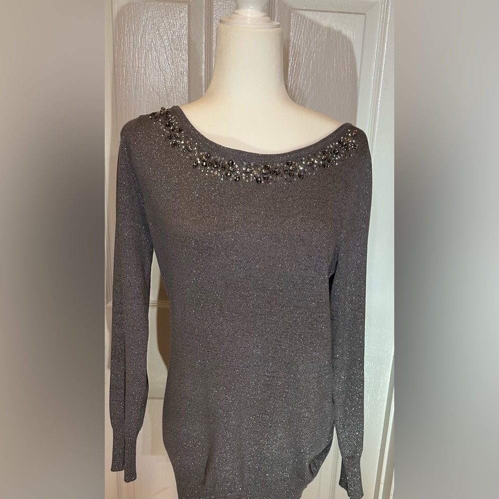Cache gray metallic crystal beads long sleeve Size Large